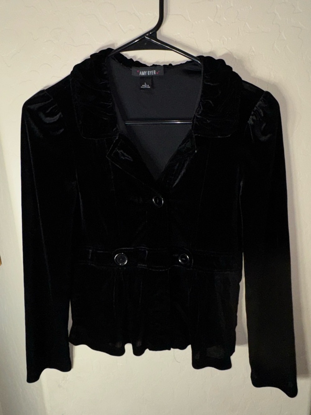 Amy Byer Black Velvet Blazer Jacket Juniors L Peplum Party Career Goth Y2K